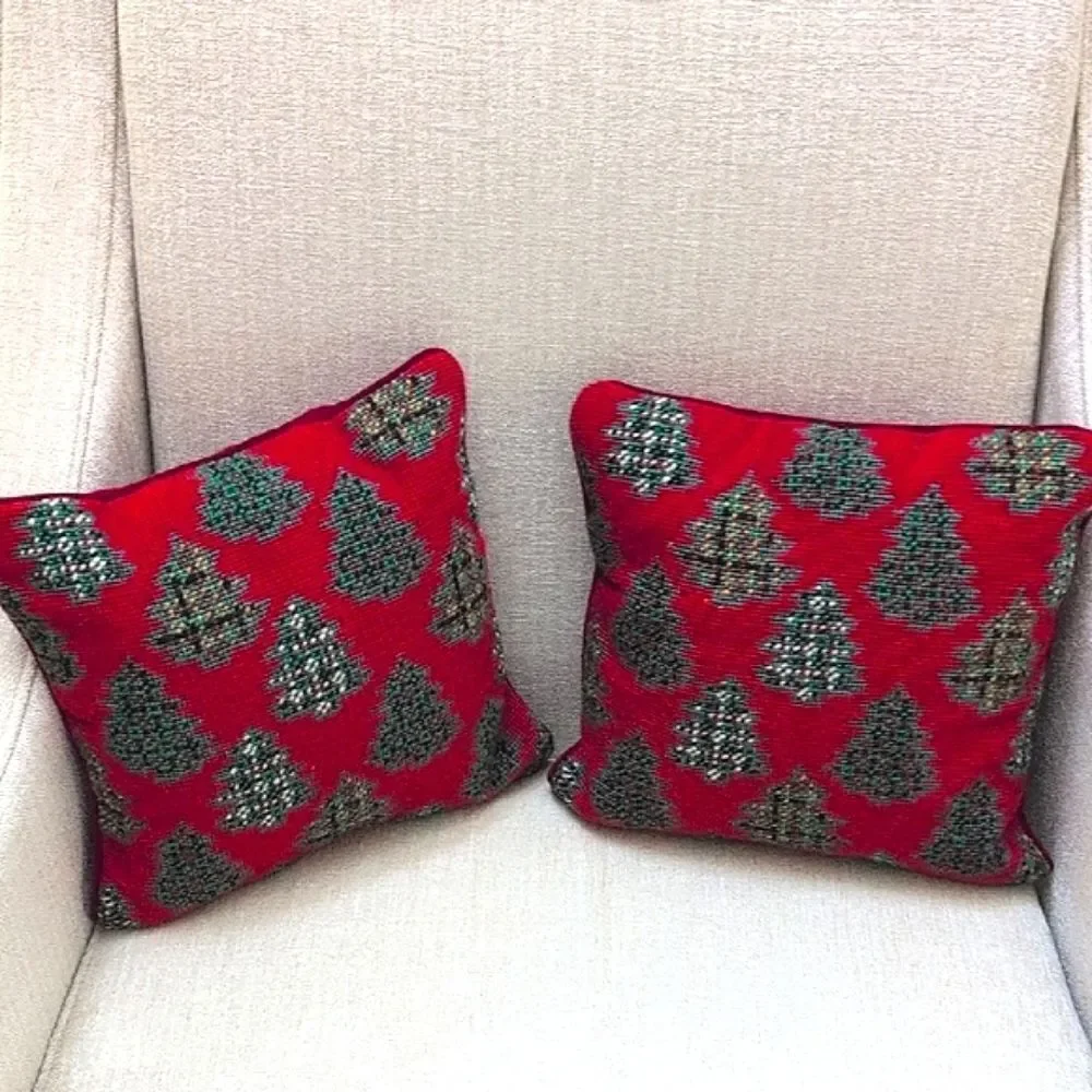 Festive Red & Green Needlepoint Christmas Tree Holiday Pillows Vintage Set of 2